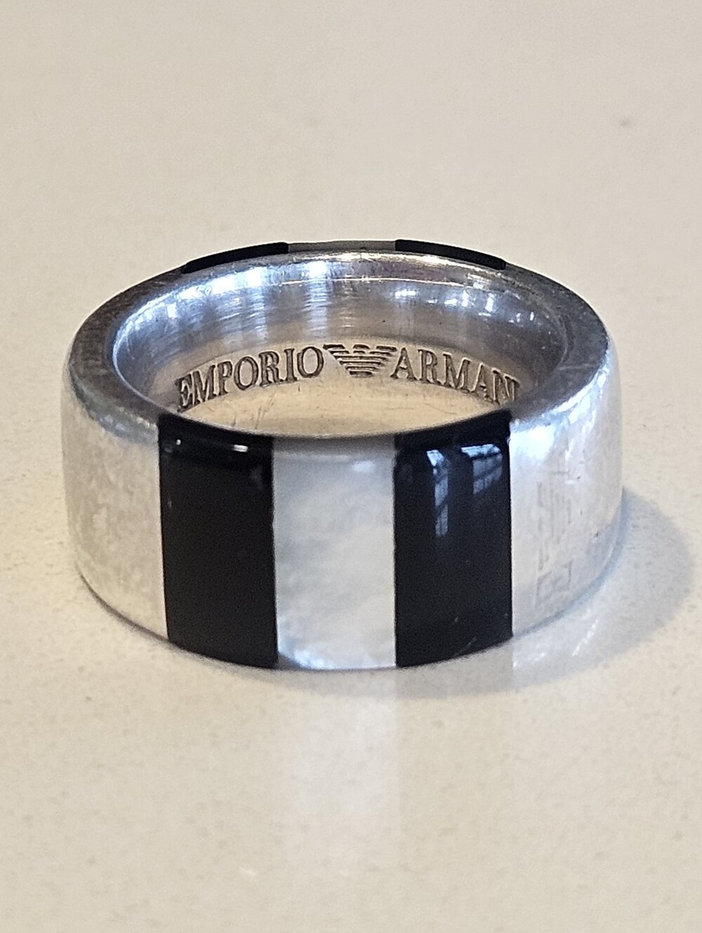 Vintage Heavy Emporio Armani Italian Sterling Silver Band Onyx MOP Inlay Ring